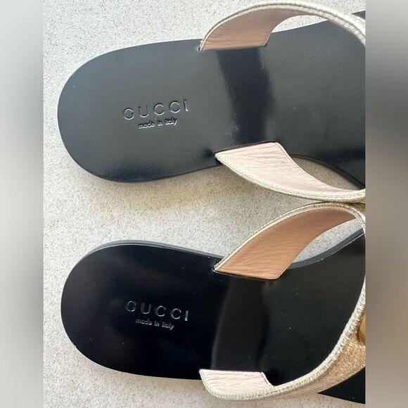 Gucci GG Marmont Sandals Metallic Gold Leather Thong Flats Flip Flops Size 36.5 - Picture 4 of 11